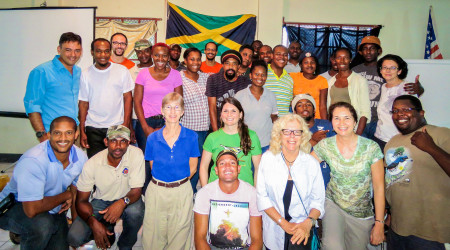 Group photo of workshop participants in Albert Town: In front: Damian Parchment and Ann Sutton. Second row, left to right: Llewelyn Meggs, Gary Campbell, Wendy Lee, Holly Robertson, Dario Codling, Lisa Sorenson, and Beny Wilson. Standing: Rick Morales, Junior Carson, Kerian Vernon, Nasheeka Blackstock, Howen Campbell, Melesia Brown, Anna Riggon, Jason Stariwat, Jermy Schroeter, Ainsworth Smith, Leno Davis, Conroy James, Jermaine Sitcheron, Adrian Watson, Samdeka Codling, Ronald Homes, Julia Porter, Brian Coore, Rayon Skeene and Andrew Hall.