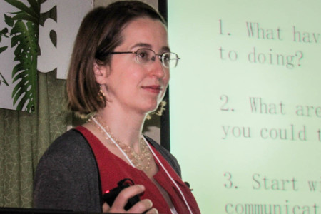 Mazarine Treyz conducting a fundraising workshop at the BirdsCaribbean International Meeting in Jamaica. (Photo by Emma Lewis)