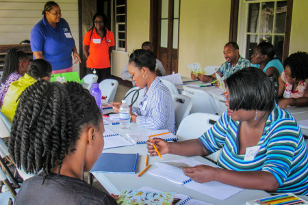 Getting down to work: Teachers start looking at the BirdSleuth materials under the guidance of Ava Tomlinson (standing, in blue) and Patrice Gilpin (in orange).