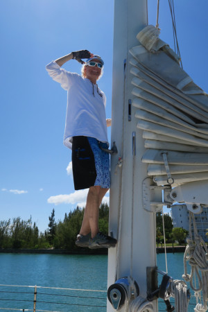 Margo Z. on Dream Catcher’s mast. (Photo © Conservian/ Scott Hecker)