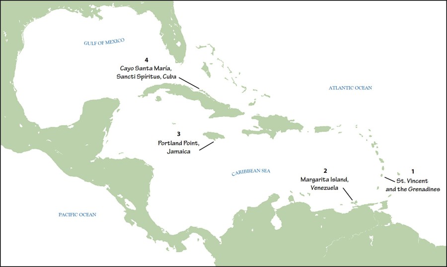 Map depicting research locations of the four studies published by the Journal of Caribbean Ornithology in the first half of 2016.