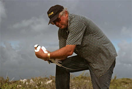 Dave Lee holding a White-tailed Tropicbird in the Bahamas.