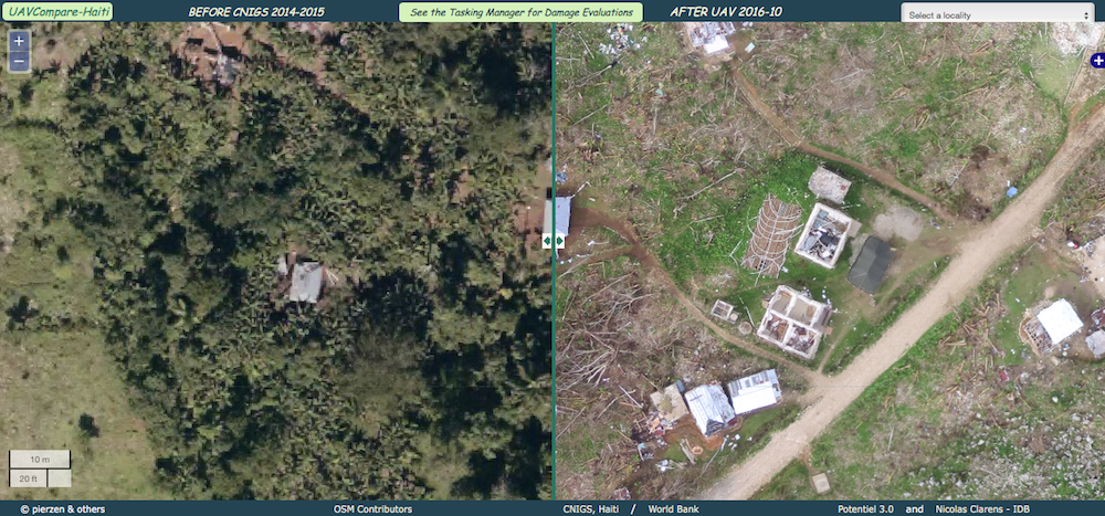 Aerial photos before and after Hurricane Matthew that show the impact of the hurricane on structures and tree cover.