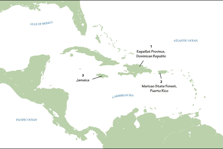 Map depicting locations of the three most recent studies published by the Journal of Caribbean Ornithology in the latter half of 2016. 