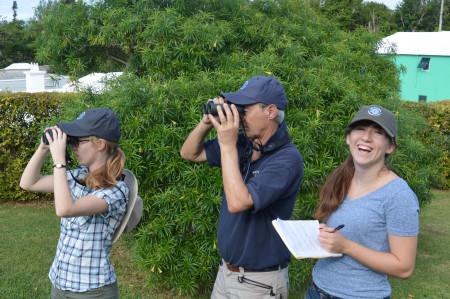 Andrew Dobson birding with his daughters in Bermuda.