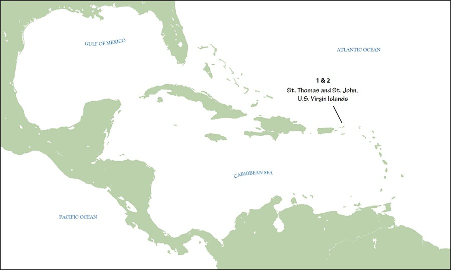 Map of the Caribbean; the two final publications in Volume 29 of the JCO focus on the hypothesized range expansion of Adelaide’s Warblers from Puerto Rico eastwards to the U.S. Virgin Islands. 