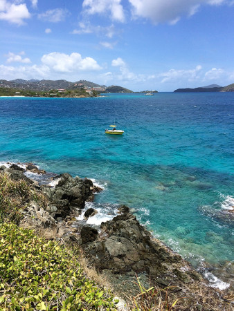 The USVI Division of Fisheries and Wildlife’s trusty boat, the R/V Bananaquit, waiting for us at a colony site. (Photo by Paige Byerly)