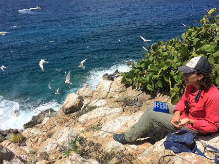 Paige taking time to enjoy the moment in the LeDuck island colony, chick in hand. (Photo by Chris Pavlik)