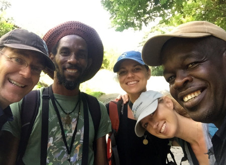 Our hiking group heads out to Gruta Batata.  Left to right: David Southall, Valance (Vision) James, Jessica Rozek, Jen Mortensen, Adams Toussaint. (Photo by David Southall)