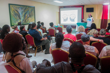 Mark Yokoyama leads a writing workshop at the BirdsCaribbean International Conference. (Photo by Jenn Yerkes)