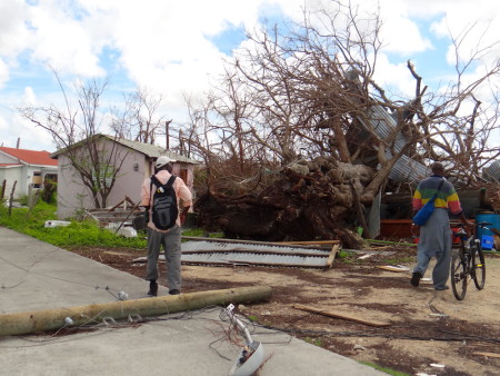 Joseph Prosper walking through town in Barbuda surveying the catastrophic damage from Hurricane Irma and searching for Barbuda Warblers. All residents have been temporarily evacuated. (photo by Andrea Otto).