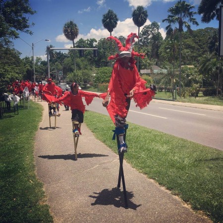 Young moko jumbie performers in Trinidad raise awareness about the plight of the Scarlet Ibis. (Photo by Alice Yard)