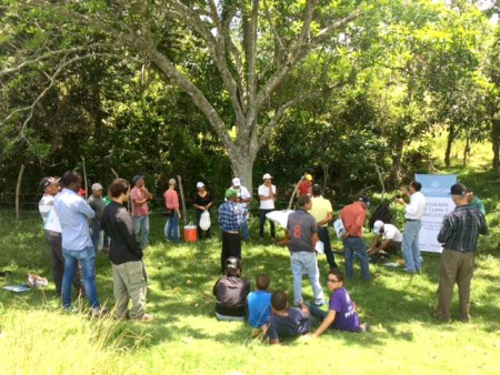 Community members gather to listen to technicians from Plan Yaque and Spencer discuss how restoring riparian forests can benefit rural farming communities by improving water quality and availability as well as importance of seed-dispersing birds in healthy forest ecosystems. (photo by Holly Garrod)