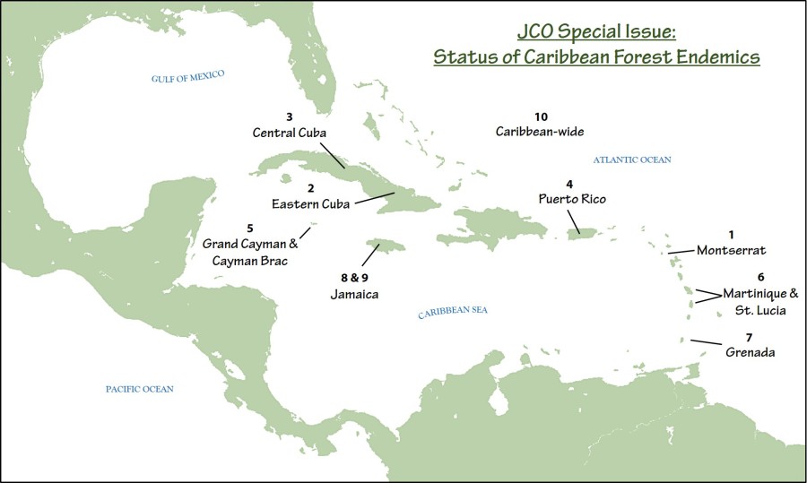 Map showing locations of research on various Caribbean forest endemic birds featured in the Special Issue of JCO.