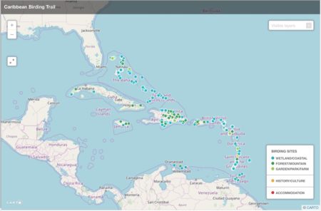 West Indies map showing locations of birding sites, history/culture and accommodations.