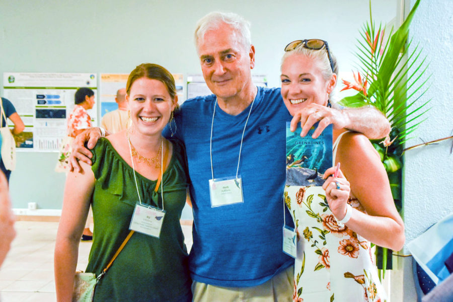 Herb Raffaele supporting new Grenadines bird guide with authors Aly Ollivierre and Juliana Coffey. (Photo by Mark Yokoyama)
