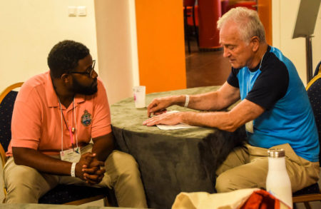 Bradley Watson (BNT Science Officer) and Herb Raffaele (retired Chief of USFWS International Affairs Program) get to know each other at the Mentorship Workshop in Guadeloupe, July 2019.