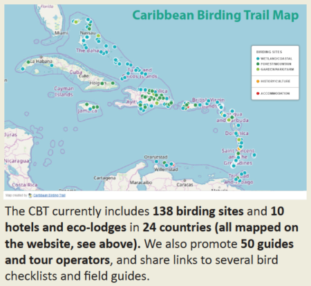 Caribbean Birding Trail map showing sites, hotels and eco-lodges.