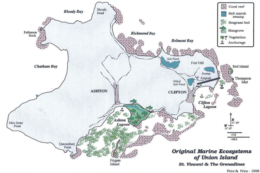 Map of Union Island ecosystems prior to the Ashton Marina Project and the airport runway extension