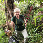 Jennifer Wheeler takes a break on a newly opened trail in Trois Pitons National Park, Dominica, during a January 2020 expedition to look for evidence of Black-capped Petrels on that island.