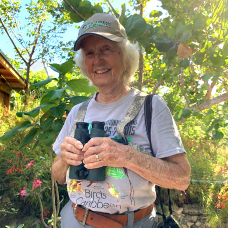 Erika Gates ready for her third outing under "lockdown" in her garden on Grand Bahama