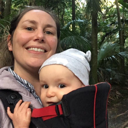 Anneke Mace and her young birder in New Zealand