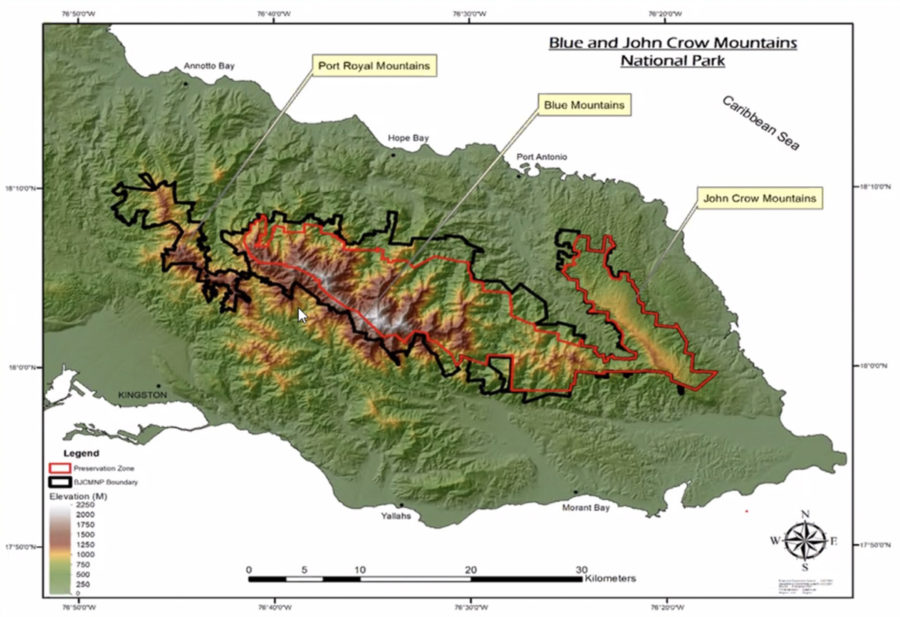 Blue and John Crow Mountains National Park (UNESCO World Heritage Site preservation zone shown in red)