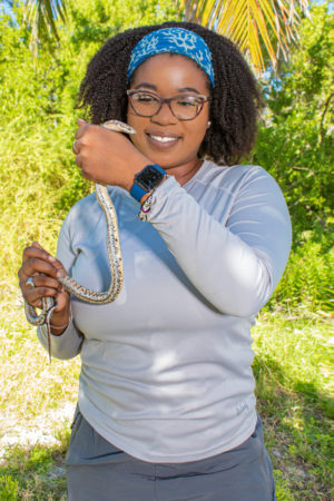 Shanna holding an Antiguan Racer