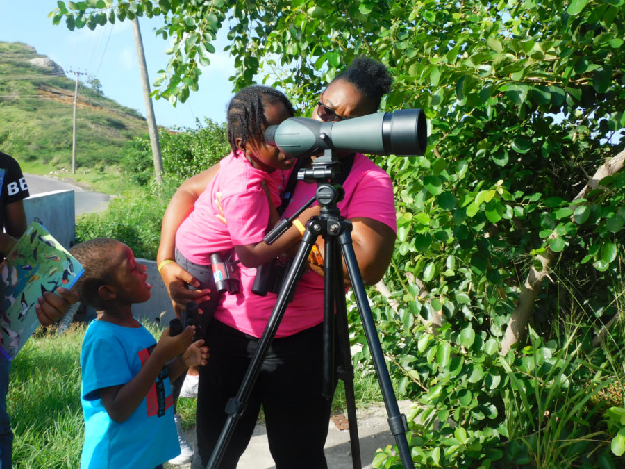 Small girl-Kearah Ryan looking through the spotting scope at Carr’s Bay. 