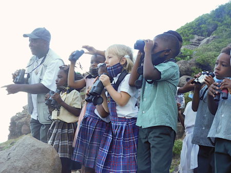 school kids birding in Montserrat at Marguerita Bay