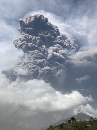 Ash plume from the La Soufriere volcanic eruptions in St. Vincent and the Grenadines