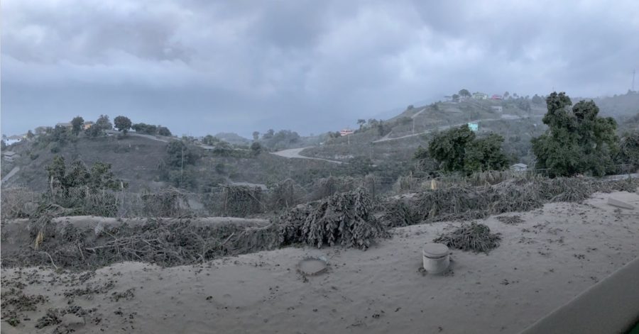 St. Vincent landscape covered in ash, view from Belmont Observatory in St. Vincent, 11 April 2021.