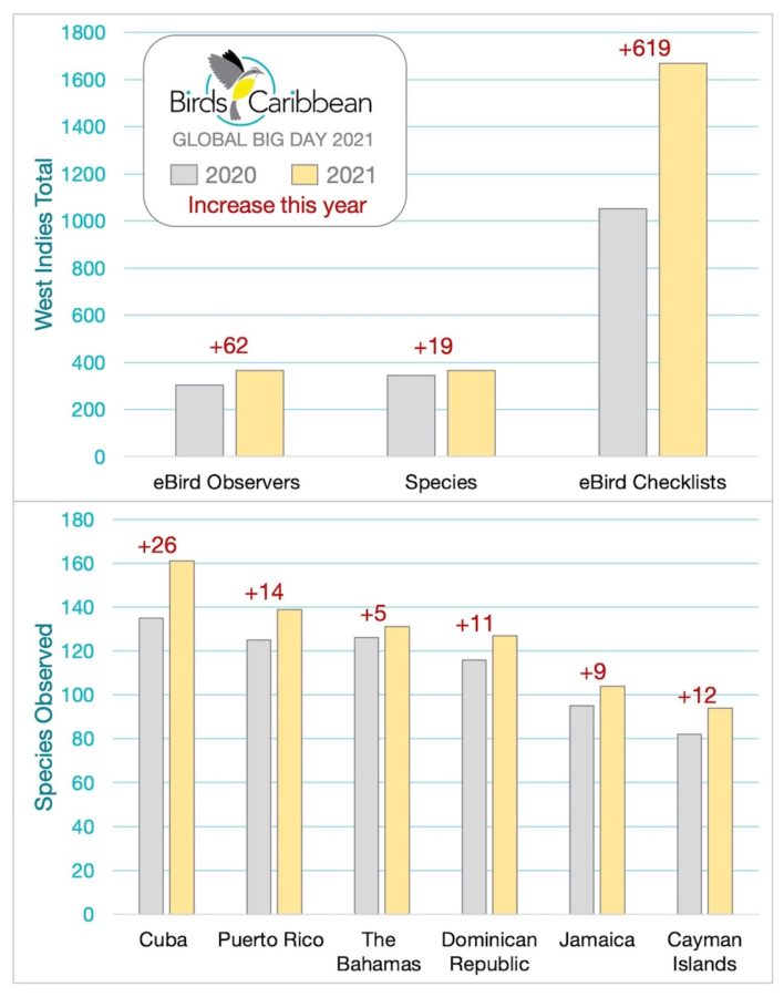 graph showing data on ebird observers and species seen by country for Global Big Day 2020 and 2021.