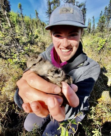 Laura McDuffie holding shorebird chicks