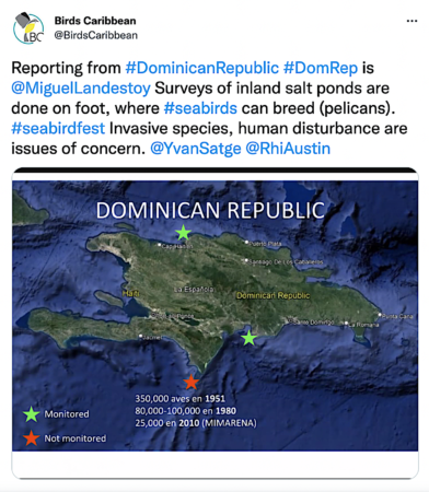 A map of the Dominican Republic highlights areas that are monitored and not monitored for seabirds.