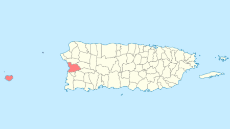 A map shows Mayagüez, on the western coast of Puerto Rico.