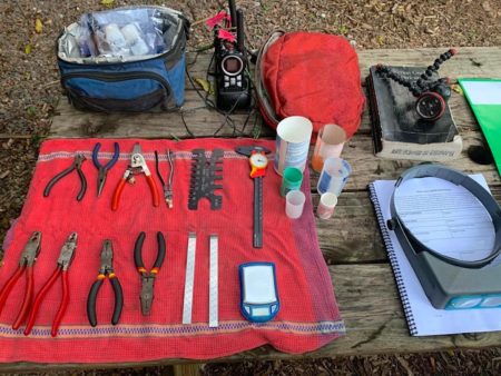Tools used to band birds are laid out on a table.