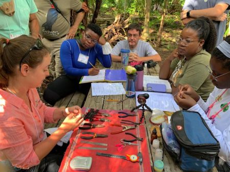 A group observes a bird banding demonstration.