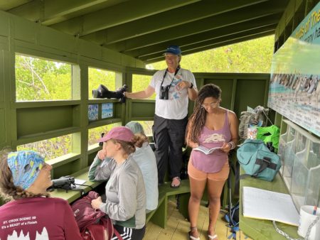 Jen Valiulus shares insights on shorebird ID at the Sandy Point National Wildlife Refuge bird blind.
