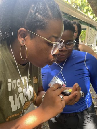 Workshop participant, Shanna Challenger, checks the fat on a Bananaquit.