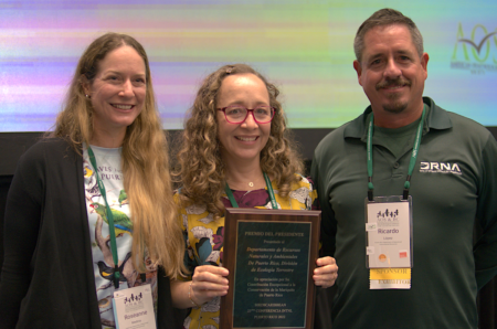 Recipients of the BirdsCaribbean President's Award: Ricardo López-Ortiz, Katsí R. Ramos-Álvarez, and Roseanne Medina.