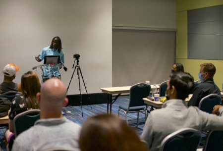 Elijah Sands, from the Bahamas National Trust, reviews technical elements of video production at The Power of Video Workshop.