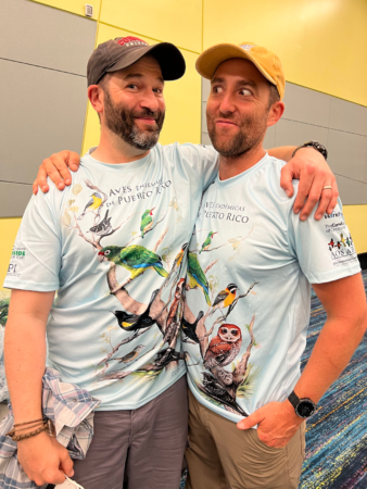 Josh Pergola and Justin Proctor show off their new endemic birds of Puerto Rico t-shirt.