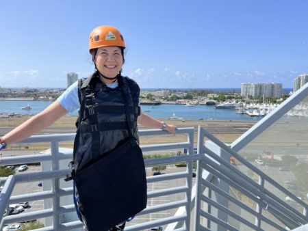 Lisa is suited up and ready for her first-ever zipline experience!