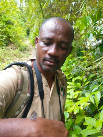 Glenroy Gaymes with a hairstreak butterfly.