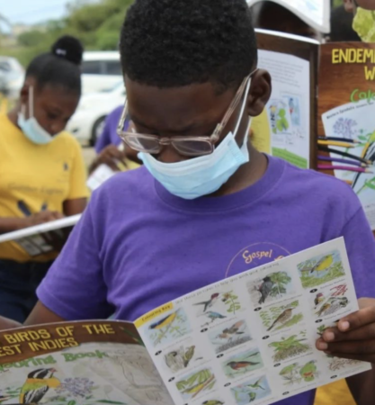 Student of Gospel Light Academy checking out the Endemic Birds colouring book.