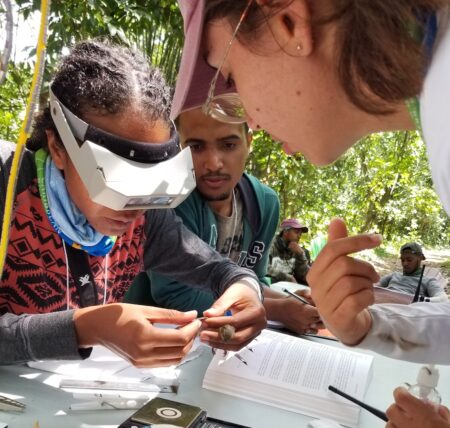 A group observes a bird banding demonstration.