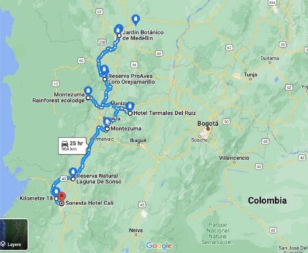 Map of bird tour route in Colombia
