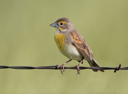 The female Dickcissel has a pale yellow breast and eyebrow.