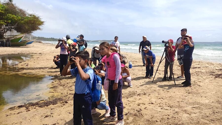 Photo of group of children birdwatching on a beach. 